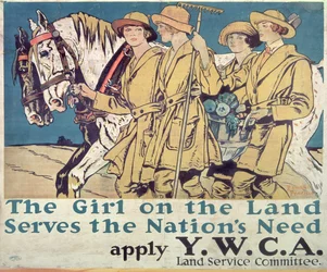 La ragazza nei campi serve le necessità della nazione, manifesto della YWCA della Prima guerra mondiale